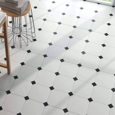 Carrelage octogonal blanc cabochon noir Eight White 20x20 cm
